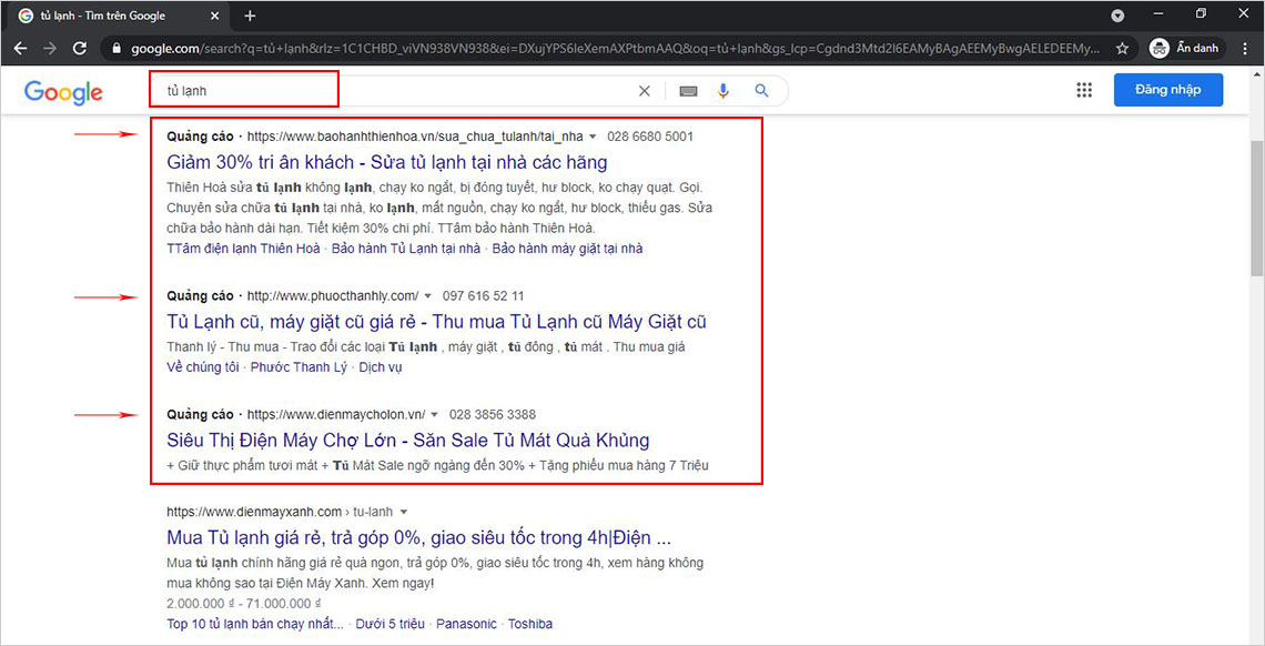 Tham khảo ví dụ minh họa quảng cáo Google Adwords trả phí