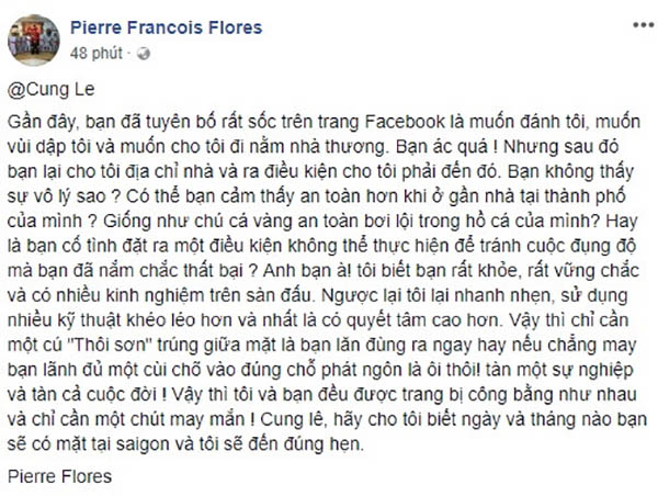 Nội dung võ sư Flores đăng lên Facebook