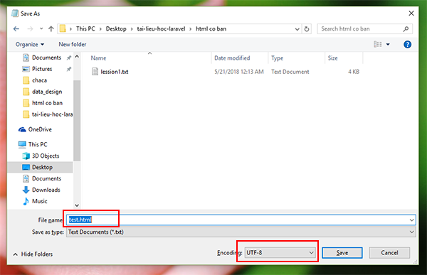 Lưu file test.html